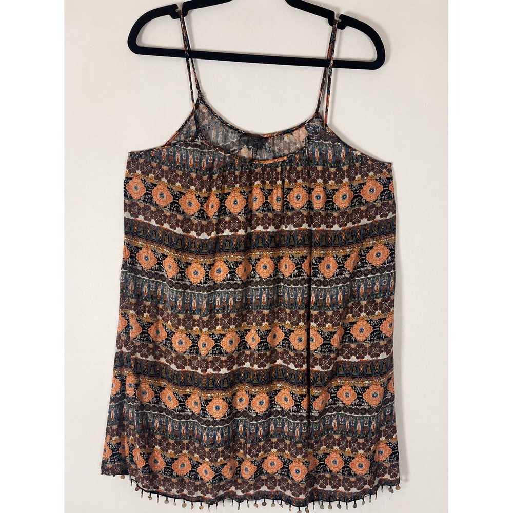 Boho Border Medallion Print Fringe Hem Spaghetti Strap Flowy Rayon Tank S-L